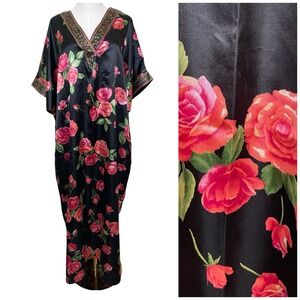 Winlar Vintage Black Rose Floral Kaftan Muu Muu Maxi Dress One Size Boho Satin